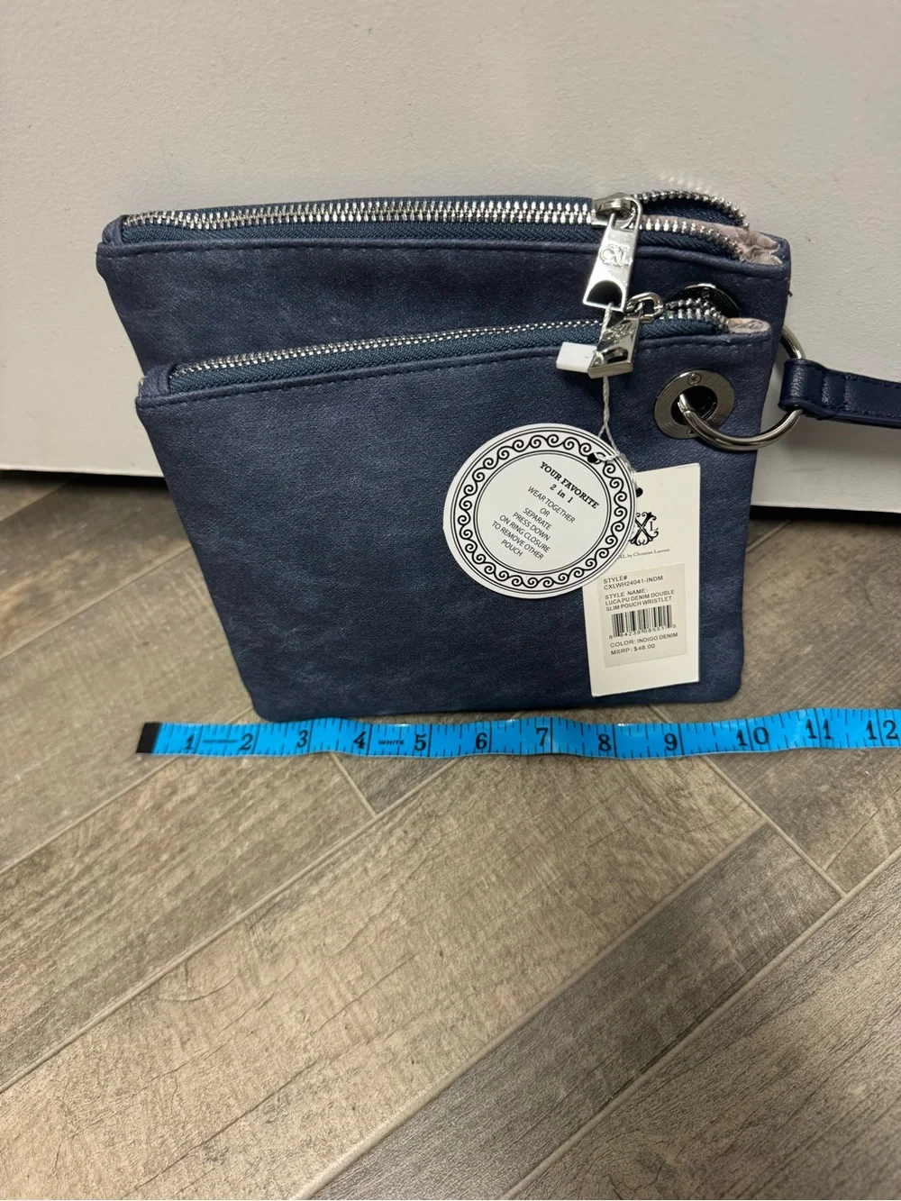 Women’s Indigo Denim Double Zip Wristlet Pouch Slim Wallet Bag Wrist StrapTravel
